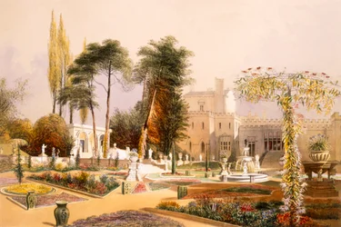 O Parterre nos jardins em Wilton, a sede do conde de Pembroke (chromolitho)
